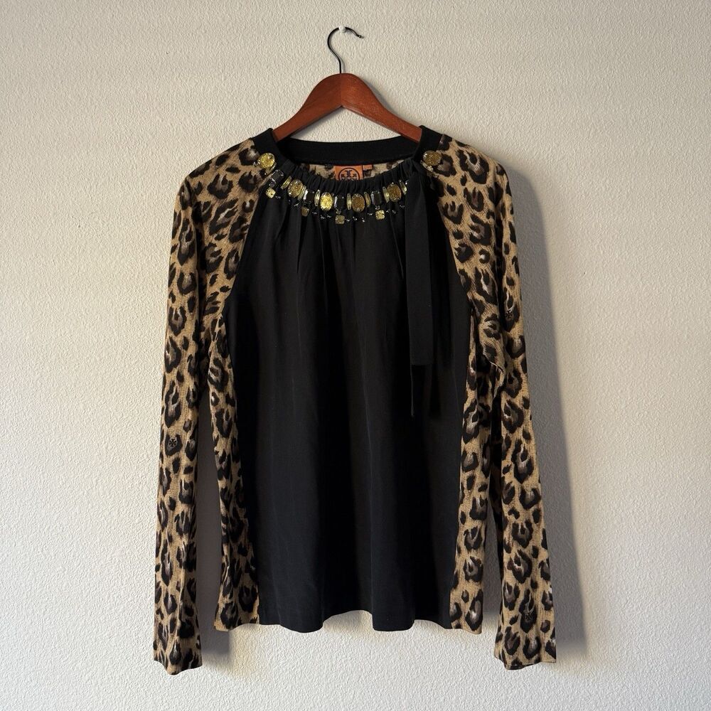 Tory Burch Silk Top Blouse Women’s XL Black Mixed Media Beaded Jewel Neck Bow